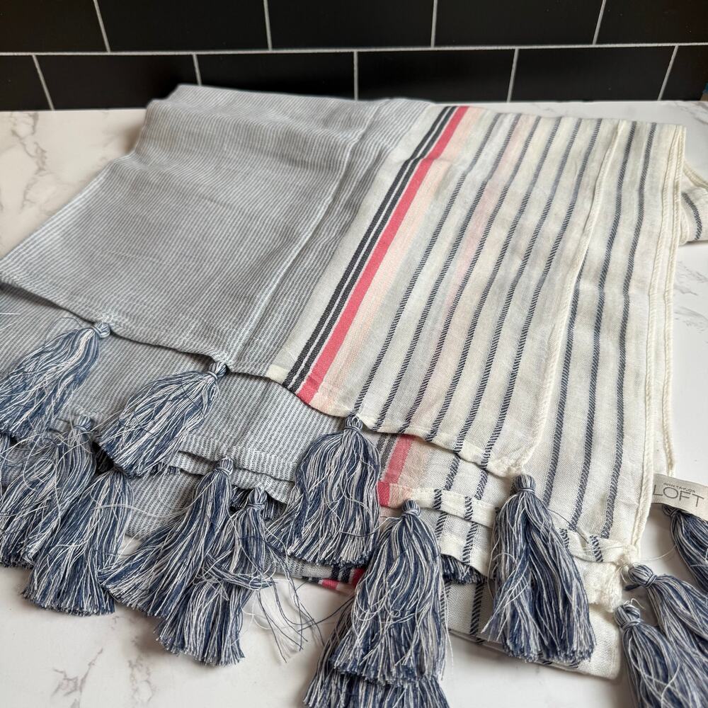 LOFT Striped Tassel Scarf Fringe Wrap Grey White Coral Pink